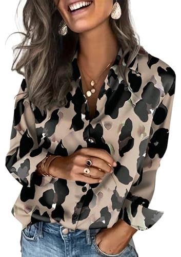 Zeagoo Womens Long Sleeve Blouses Silk Button Down Shirts Long Sleeve Business Casual Tops Leopard