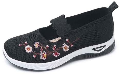 Donna Scarpe Ortopediche Floreale Scarpe da Ginnastica Senza Lacci Traspirante Morbida Sneakers a Rete Casual Sneaker Sportive Estive Leggere Sneakers Slip-on Scarpes da Donna (1-Black, 39)