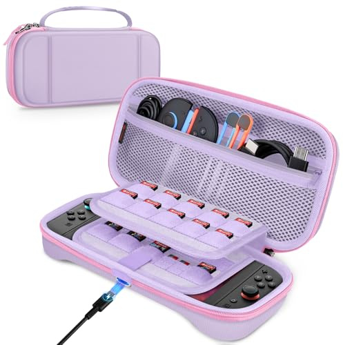 FINTIE Carrying Case for Nintendo Switch 2 (2025) — Shockproof Hard Shell Switch 2 Case with Charging Hole, Travel Bag with 19 Game Card & 2 Micro SD Card Slots & Inner Pocket, Lilac Purple