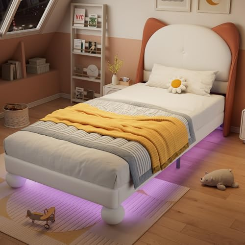 Merax Lettino per bambini, 90 x 200 cm, con LED, struttura per letto singolo con orecchie di gatto, rete a doghe stabili, schienale imbottito, letto per ragazzi e ragazze, in poliuretano, senza