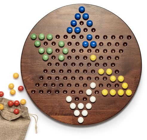 Chinese Checkers Set, 12.5 inches Sturdy Wooden Chinese Checkers Board with 60 Glass Marbles in 6 Colors, Classic Strategy Family Board Game, 2-6 Players