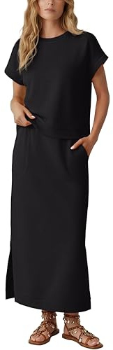GRECERELLE Two Piece Outfits Casual Tracksuit Womens Full Set Summer Short Sleeve Lounge Wear Sets for Women Crew Neck Ladies Tops and Elastic Waist Midi Skirt with Pockets