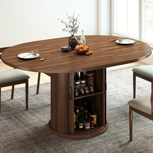Limirix 47.2–63 Extendable Dining Room Table for 4-8, Round-to-Oval Expandable Dining Table with Dust-Proof 2-Tier Shelf, Space-Saving Wood Kitchen Table for Living Room, Walnut