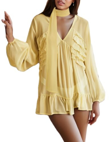 XIXIMAON Top Transparent Femme Blouse à Volant Haut à Manches Longues Col V Ample (Jaune See Through, S)