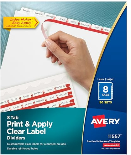 Avery 8-Tab Binder Dividers, Easy Print & Apply Clear Label Strip, Index Maker, White Tabs, 50 Sets (11557)