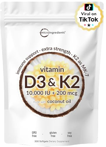 Micro Ingredients Vitamin D3 10,000 IU + K2 MK-7 200 mcg, 300 Softgels with Virgin Coconut Oil | 2-in-1 Vitamins D & K Complex | Extra Strength, Easy to Swallow, Non-GMO, Gluten Free