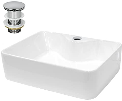 ECD Germany Lavabo da Appoggio 480 x 380 x 140 mm con Piletta Senza Troppopieno Lavandino Bacinella Lavamani Lavello Sanitari da Bagno in Ceramica Bianco Lavandino Lavandini 480 x 380 x 140 mm