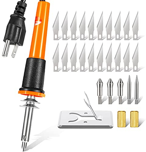 Honoson 30 Pieces Electric Hot Knife Cutter Tool, 20 Pieces Blades, 3 Blade Holders, 2 Pyrography Blades, Metal Stand Hot Carving Knife for Cutting Carving Soft Thin Foam Cloth Stencil
