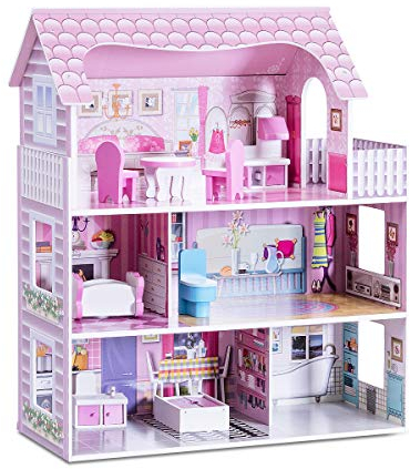 GIANTEX Maison de Poupées en Bois à 3 Etages, Maison de Rêves avec Accessoires Meubles de Jeu, Adaptés pour Enfants Fille, Rose