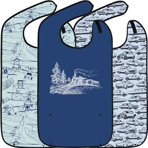 Adult Bibs for Eating: Reusable Bib with Crumb Catcher Pocket - For Men and Women (3 Pack Trains Planes and Automobiles)