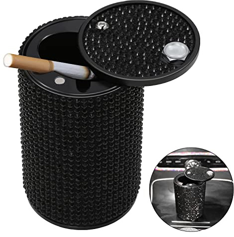 Car Ashtray with Lid Smell Proof, Aluminum Crystal Diamond Cigarette Smokeless Automotive Ashtray, Cup Holder Detachable Easy Clean Ash Tray for Car Women Home Office, Black