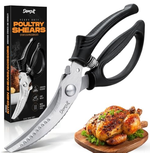 Poultry Shears, Kitchen Shears Heavy Duty for Food With Anti-Slip Handle & Safety Lock, Meat Scissors, Chicken, Lobster, Quail, Fish, Food Cutting Scissors, Bone Cutter - Spring Loaded