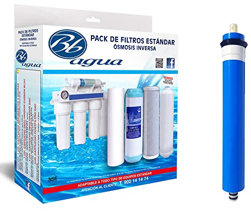 Membrana 50 GPD + Pack de 4 Filtros: Sedimentos, Carbón GAC, Carbón Block y Post Filtro de Coco Natural. Bbagua