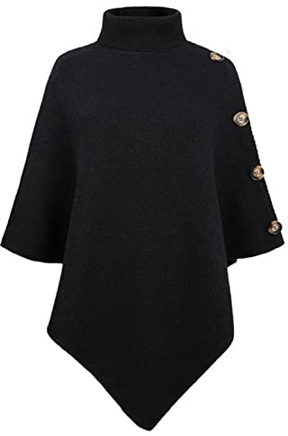 TBSCWYF Ladies Poncho High Collar Shawls with Buttons Elegant Knitted Cape for Women Womens Cape Shawl Wrap Long Knitted Sweater Folded Roll Neck Button Jumper Ladies Poncho Top One Size Black