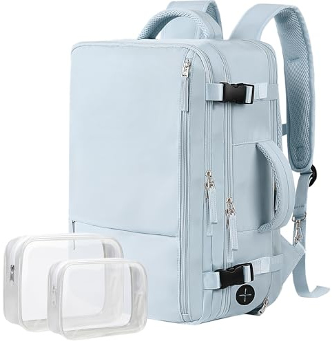 Hanples Large Travel Backpack for Women, 40L Carry on Luggage Backpack, 17 Inch Laptop Backpack with USB Charging Port, Waterproof Casual Bag Gift for Men with 2 Toiletry Bags (Light Blue)