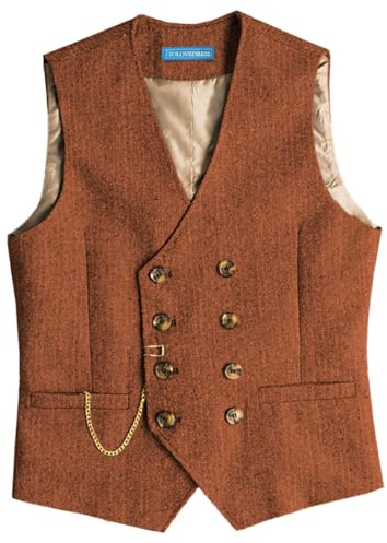 Solovedress Gilet da uomo vintage in tweed, doppiopetto, per matrimonio, Arancione, XS