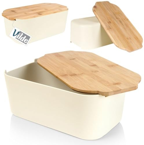 Vilde Brotkasten mit Holzbrett Creme - Brotkorb - Brotbox - Brotbehälter - brottopf zum aufbewahren - Bread Box - Brot Aufbewahrungsbox - 33x18,5x12 cm