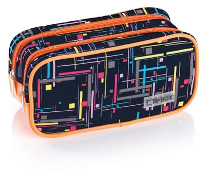 Favorit, Astuccio Porta trucco, 2 scomparti e cerniere, espandibile e versatile, stampa geometrica Blu e Arancione, formato 22 x 10 x 10cm