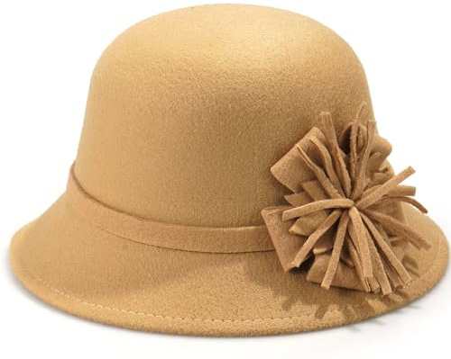 MESU Sombrero de campana de fieltro para mujer, estilo floral, fedora, sombrero de cubo vintage de los años 20, marrón claro, Talla única