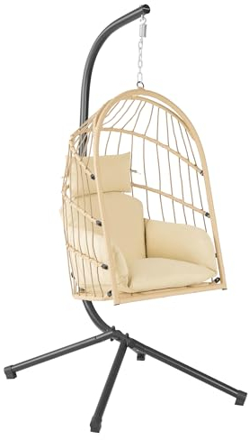 HinHocker Hängesessel mit Gestell | Creme | Hängeschaukel für Indoor und Outdoor | Inkl. Kissen und Auflagepolster | Balkon Hängesessel Outdoor, Gartenschaukel, Schaukelstuhl, Hängekorb