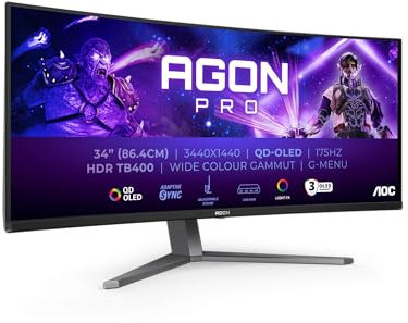 AOC Agon PRO AG346UCDAM - 34 Inch WQHD OLED Curved Gaming Monitor, 175 Hz, 0.03 ms, FreeSync Premium Pro, G-Sync comp., HDR400 (3440x1440, 2X HDMI, DisplayPort, USB Hub) Black