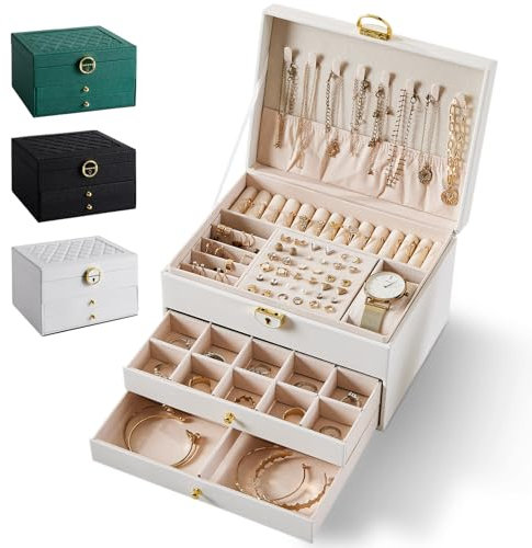 Warmiehomy 3 Tier Jewellery Box Jewellery Organiser with 2 Drawers Large Leather Jewellery Box Lockable Necklace Earring Ring Bracelets Storage Jewelry Box with Removable Dividers For Women (White)