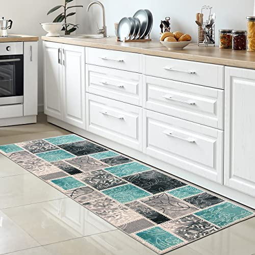 CARPETIA rutschfeste Anti-slipr Küchenläufer – Teppich modern mit Patchwork-Design in Türkis und Grau, waschbar für Küche und Flur