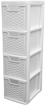 SIDSONS Medium Rattan Effect White |4 Drawer Storage Tower Unit| Desktop Table top Office Home School Organizer Stationary Cosmetic Jewellery Organiser 62cm (H) x 26cm (D) x 19cm (W)