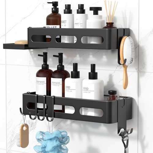 FUNPALA Estanteria Baño sin Taladro 2 Piezas – 32 cm Estante de Baño Adhesivo, Organizador de Baño Negro Antioxidante con Cesta de Jabón y 6 Ganchos, Gran Capacidad para Champú