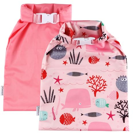 Hisprout Waterproof Washable Reusable Buckle Design Diaper Wet Bag for Swimsuits,Foldable Portable Nappy Bag (Fish&Pink)