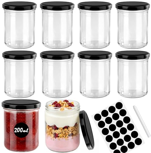 Otauoaea 10 Vasetti Vetro Piccoli da 200ml, Barattoli per Conserve Ermetici, Barattolo Vetro con Tappo a Vite, con Etichette e Pennarello, Vasetti per Marmellata, Yogurt, Miele