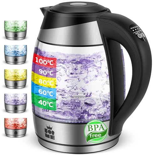 FOR ME Hervidor Eléctrico de Vidrio Agua con Filtro de Té 1,8L, Control de temperatura, Temperatura ajustable de 40°C a 100°C, Iluminación LED de 7 Colores, Función de Mantener Caliente, Libre de BPA