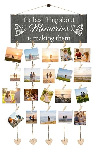 Fokroin Colgador de Fotos con Pinzas, 1 artículo, Cuerda Creativa para Colgar Fotos Equipado, 20 Pinzas de Madera pequeñas para la Ropa, 6 Cordones para Fotos y 5 Corazones, para Memoria Exposición