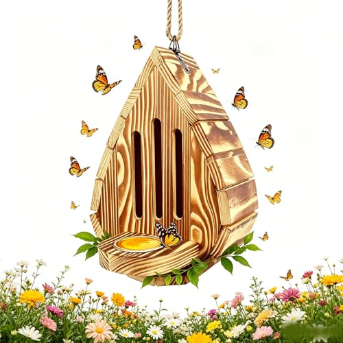 Butterfly House Wooden Habitat with Feeder, Hanging Butterfly Habitat & Feeder with Rope, Teardrop-Shaped Outdoor Butterflys Shelter, Weather-Resistant Weatherproof Garden Yard Decor for Backyard