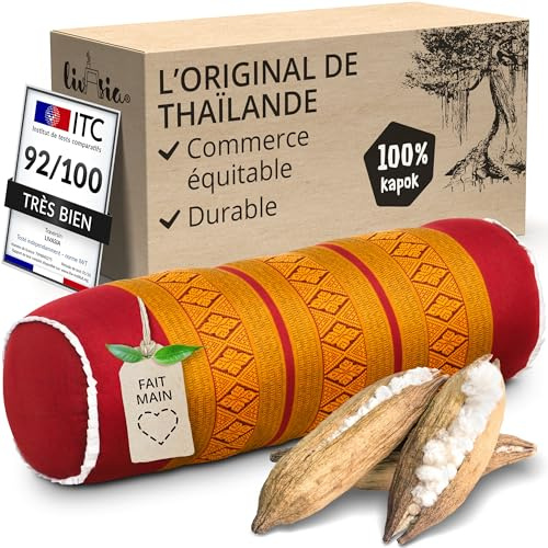 Livasia Rouleau cale-Nuque Ultra Long - Ø 17x56cm - Coussin Appui-Nuque Sofa, Traversin relève-Jambes en kapok, Accoudoir Meubles palettes, Jardin Balcon, Fait Main (Rouge/Jaune)