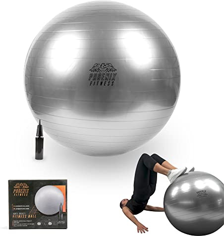 Phoenix Fitness Exercise Ball - Gym Ball for Yoga, Fitness, Pregnancy with Hand Pump - Anti-Burst Swiss Ball for Core, Balance & Stability - Grey, 65cm
