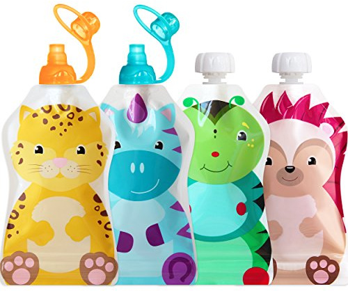 ChooMee Sacchetti Riutilizzabili per Alimenti Bambini + Tappi in Silicone SoftSip | Senza BPA, Antifuga | Per Smoothie, Purè e Yogurt | Facile da Pulire, Base Larga | 4 Pz, 140 ml FreshSquad