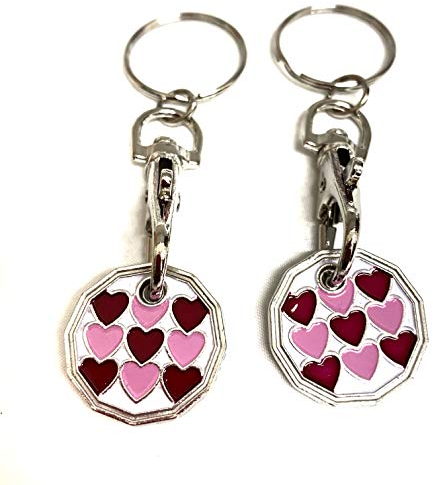 UK Phoenix Trolley Token New £1 Coin Shape 12 Sided Shopping Cart Key Ring Release Shop Locker Keychain (2 x Multi Hearts)