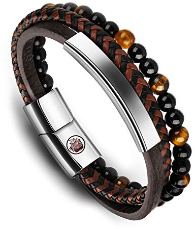 Casisto.J Mens Leather Bracelet – Classic Handmade Braided Black & Brown Cuff Bracelet with Engraved Magnetic Clasp Free Jewelry Gift Boxed