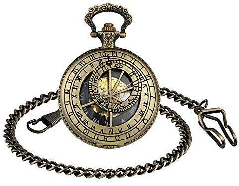 MICGIGI - Orologio da tasca meccanico unisex a carica manuale 12 costellazioni scheletro orologio da taschino con catena, Bronzo, Vintage