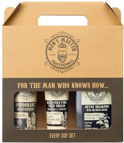 Men's Master Ensemble-Cadeau de Rasage 3 Pièces pour Homme | Ensemble Quotidien | Déodorant Antisudorifique | Crème Rajeunissante, Anti-Rides | Shampooing Détox Anti-Chute pour Cheveux Gras