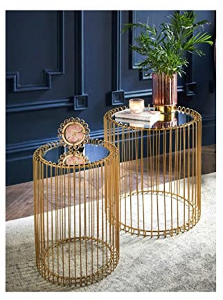 spot on dealz® Nesting Tables Set of 2 Round End Tables Living Room Wire Coffee Table Cage Gold Bedside Glass Mirrored Top Caged Side Free standing Indoor Furniture