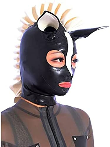 Cappuccio Per Maschera Di Cavallo In Gomma Divertente In Lattice Con Rifiniture Bianche E Cerniera Posteriore Fatta A Mano,X-Grande
