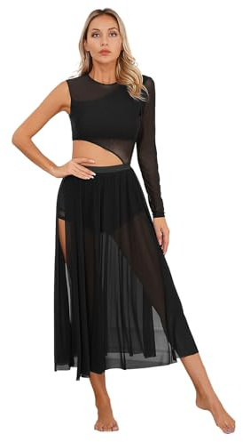 ranrann Femme Robe Danse Classique Manches Asymétrique Robe Danse Latine Salsa Salon Rumba Justaucorps Ballet Tenue Danse Contemporaine Dancewear S-XXL A Noir S