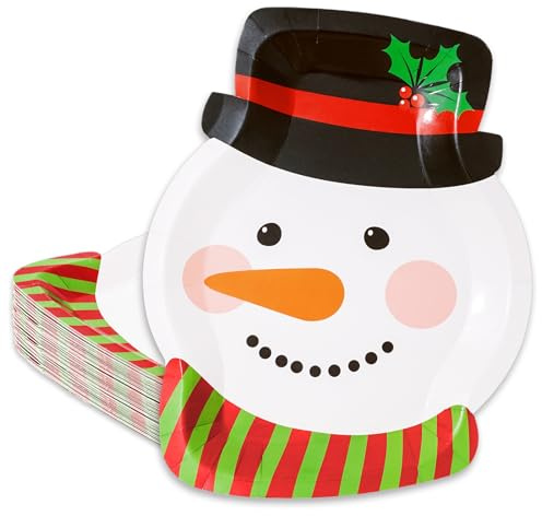 Whaline 25Pcs Christmas Paper Plates Snowman Shaped Dinner Plates Cute Xmas Disposable Plates for Winter Holiday Party Supplies Table Decor, 7.9 x 9.8 in