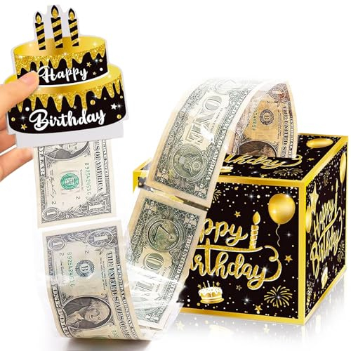 Geldgeschenk Happy Birthday Geschenkbox DIY Geburtstag Geschenkverpackung Geldgeschenke Box Rätselbox Verpackung für Freunde Kinder und Erwachsene Geld Rolle Überraschungsbox (Schwarz-Gold)