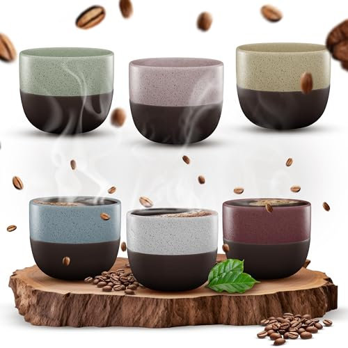 ElbFuchs® Espressotassen Set bunt | 6x 120ml [ LIEBEVOLL HANDGEFERTIGT ] Stapelbare Espressobecher Keramik | Espressobecher ohne Henkel | Ausgefallene Espressotassen & Mokkatassen (bunt)