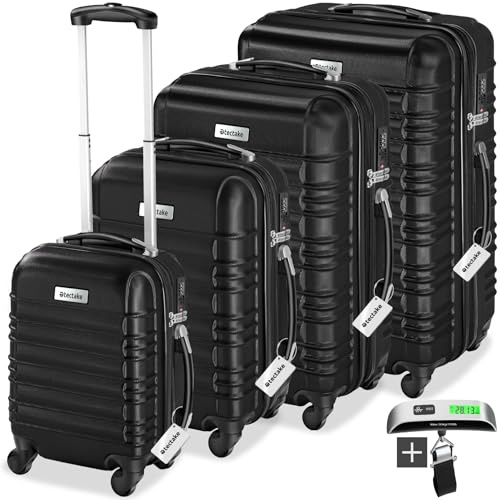 tectake® Set di 4 Valigie Rigide Mila, Trolley Inseribili con Rotelle Girevoli a 360°, Maniglia Telescopica Regolabile, Spazio Interno Espandibile, Robusta, Bilancia, Etichette - Nero