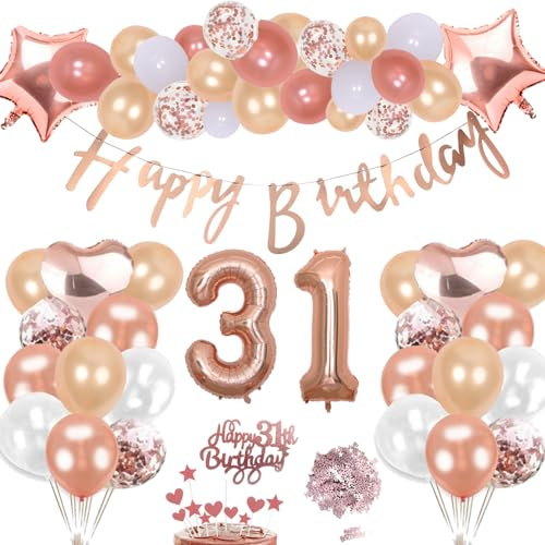 31 Cumpleaños Decoración Oro Rosa Kit Para Niña, Inflables Estrellas Corazón Numeros Gigantes Helio Globos Feliz Cumpleaños Decoración de la Torta Confeti Mesa Regalo Para 31 Años Mujer Hombre Fiesta
