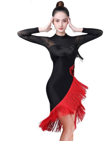 MEECHI Robe De Danse Latine Femme Dress De Danse Latine Rouge À Broderie Florale Jupes De Danse À Franges Irrégulières for Rumba Samba Tango Jazz Costumes De Danse Professionnels for Fête